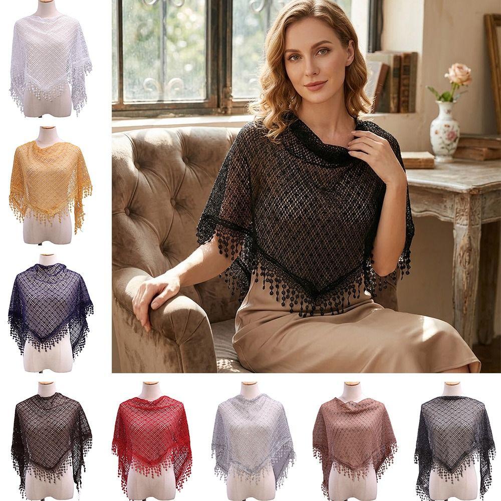 Breathable Tassels Lace Head Scarf Elegant Lace Flower Polyester Hollow Triangle Scarf Triangular Sequin Decor Scarf