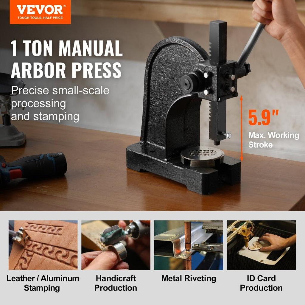 Arbor Press, 1 Ton Manual Arbor Press, 5.9" Maximum Height, Cast Iron Heavy-duty Manual Desktop Arbor Press, Precision Hand Press for Stamping,