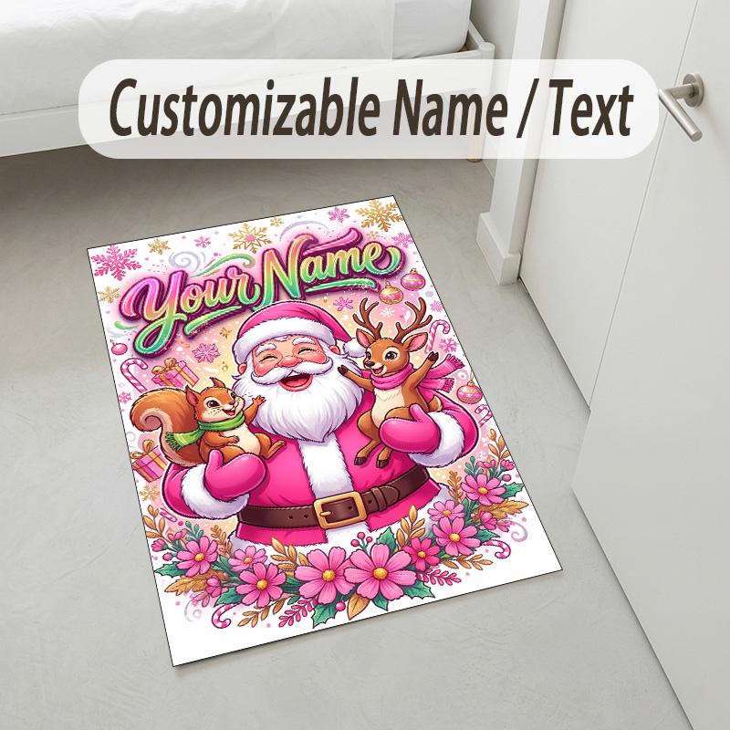 Christmas Theme Crystal Velvet Rug Personalized Custom Name Text Soft Floor Mat Home Decor