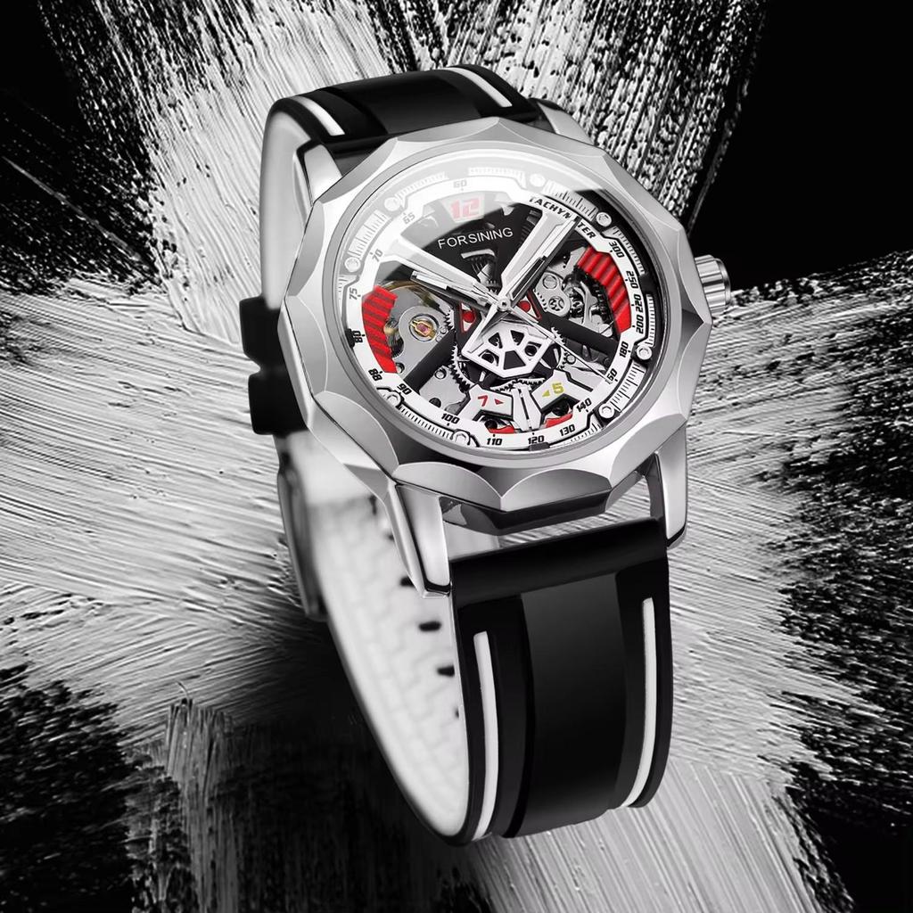 FORSINING Mens Watches Hand-winding Mechanical Skeleton Watch for Men Hollow Out Rubber Strap Waterproof Luminous Mens Wristwatch