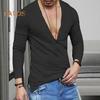 Men T-shirt V-neck Buttons Half Placket Long Sleeve Tee Shirt Solid Color Slim Fit Regular Style Breathable Tops