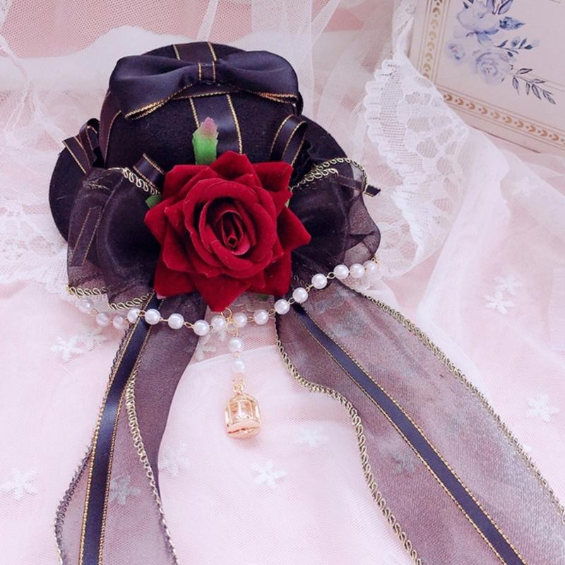 Gothic Lace Flat Top Hat with Veil Ribbon for Women Cosplay Party Costume Day of the Death Headpiece Holiday Accessories