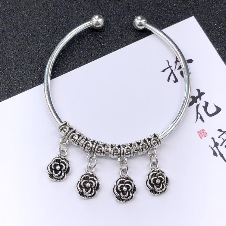 Retro Ethnic Style Tibetan Silver Bracelet Women's Versatile Fashion Bell Flower Pendant Adjustable Bracelet with Accessories