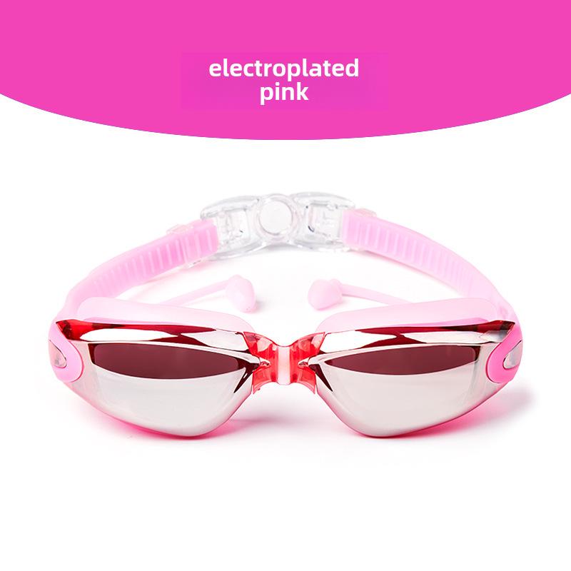 Женские очки для плавания с гальваническим покрытием HD и берушами — розовые, водонепроницаемые, с защитой от запотевания, подходят для людей с близорукостью.