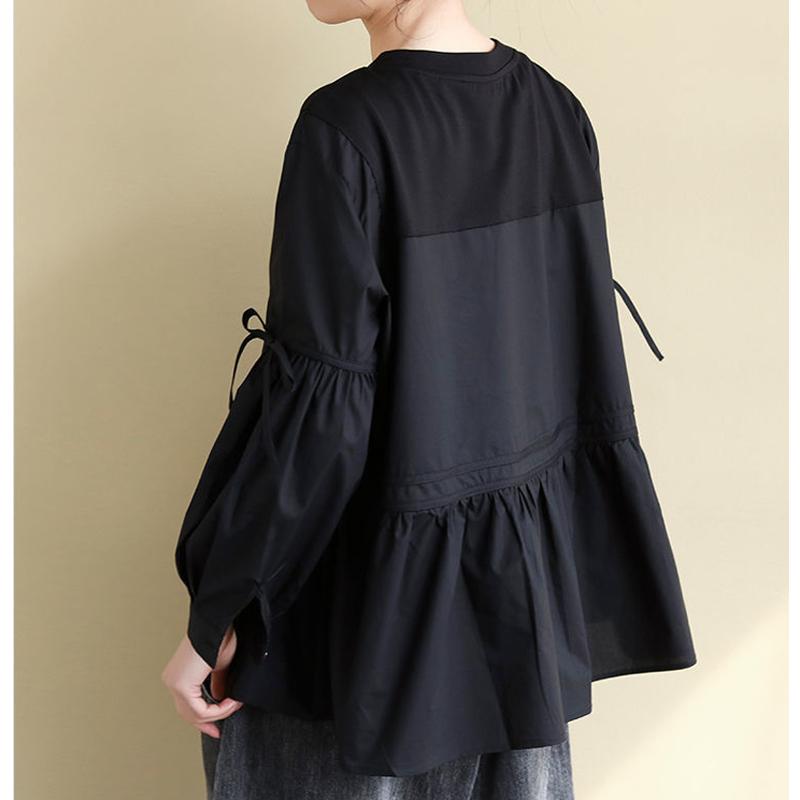 Одежда для женщин Корейская мода Бант Милые Шикарные Блузки Винтажные С оборками Лоскутное шитье Рубашки Оверсайз Однотонные Топы с круглым вырезом и длинным рукавом