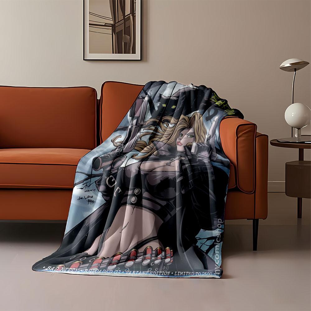 A bold, armed woman dressed in black with flowing hair and a black cat. for all seasons blanket lunch break throw gift