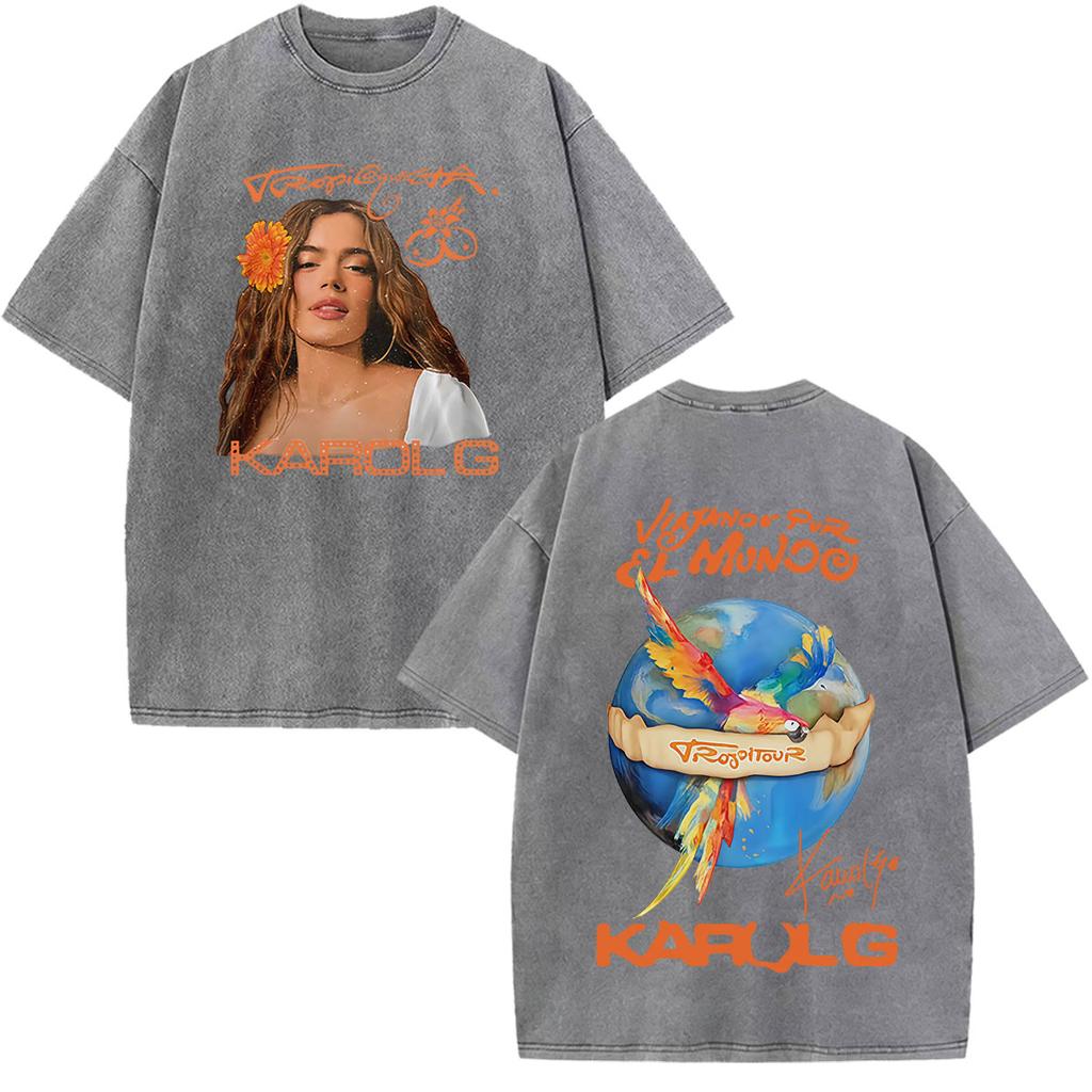 Karol G Viajando Por El Mundo Tropitour Graphics T Shirt Unisex Women Fashion Cotton Loose Casual Vintage Washed Tshirts Tops