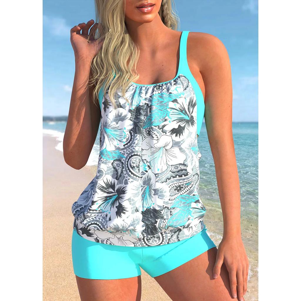 Women's Quality Summer Vacation Swimwear, Stylish Blue Leopard Print Top and Halter Beach Swimsuit S-6XL