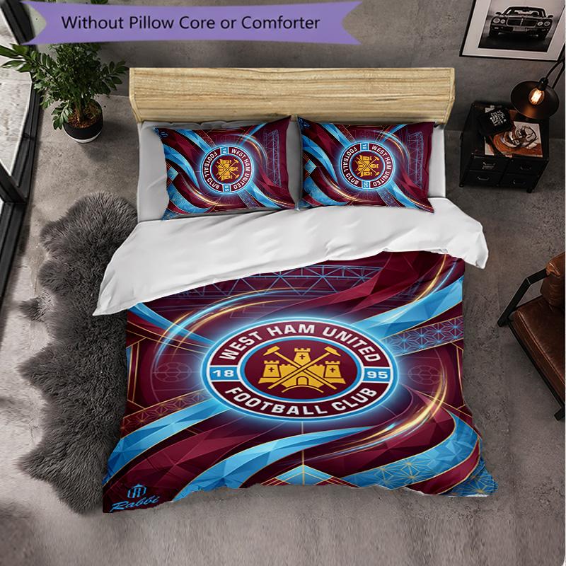 West Ham United Football 3 Piece Bedding Set Soft Duvet Cover Set with Pillowcases Printed Bedroom Decor Set for Home
