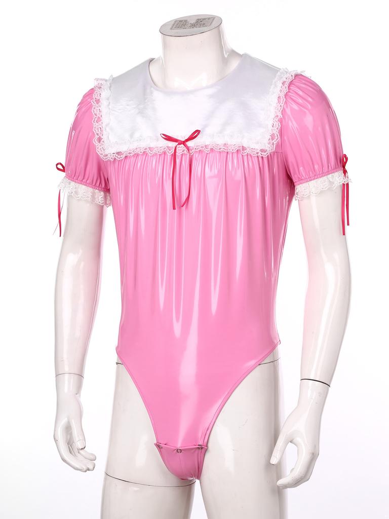 Мужской костюм для косплея Sissy Maid, комбинезон для трансвеститов, кружевная отделка, пышные рукава, купальник на молнии, боди из лакированной кожи