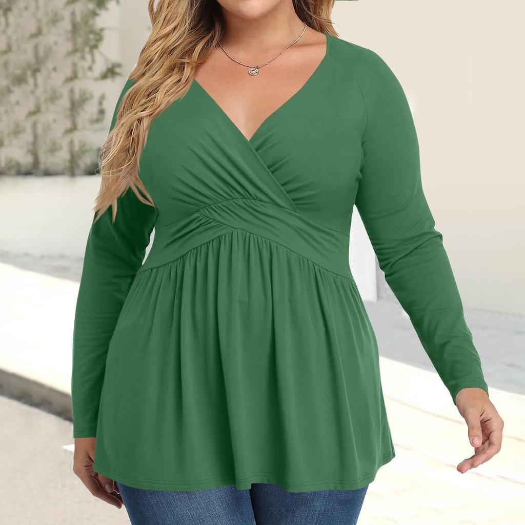 Women's Plus Size Shirt Long Sleeve Solid Color Top Pleated Casual V-Neck Top