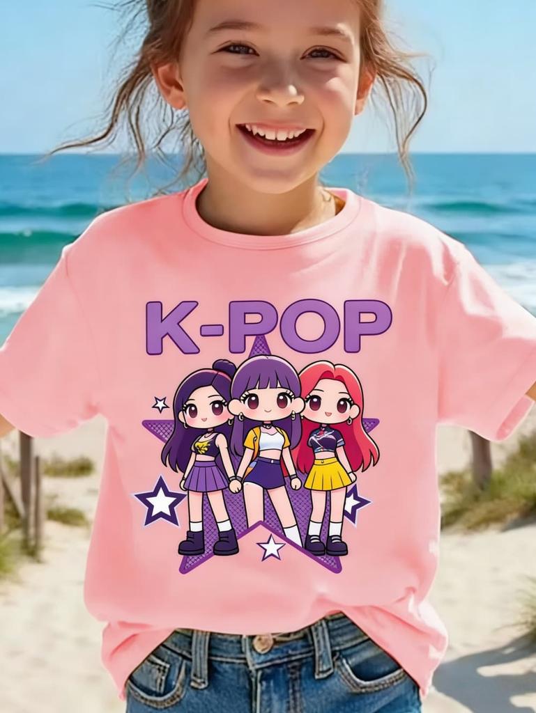 Детская футболка K-pop с мультяшным принтом, короткий рукав, летняя, удобная, забавный подарок для фанатов, футболки в стиле Харадзюку, одежда для девочек