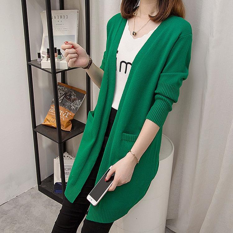 Вязаный кардиган средней длины, женский корейский свободный свитер, ленивый стиль, однотонный свитер с длинными рукавами, куртка для осени и зимы