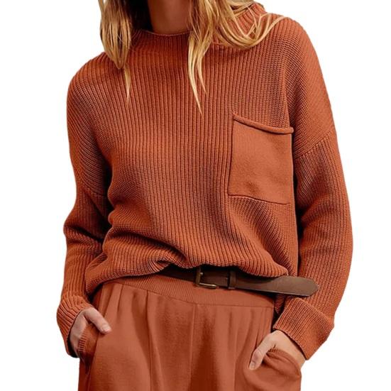 Женский осенне-зимний вязаный свитер с круглым вырезом и длинными рукавами, карманами, толстые теплые однотонные повседневные базовые джемперы, топы, уличная одежда