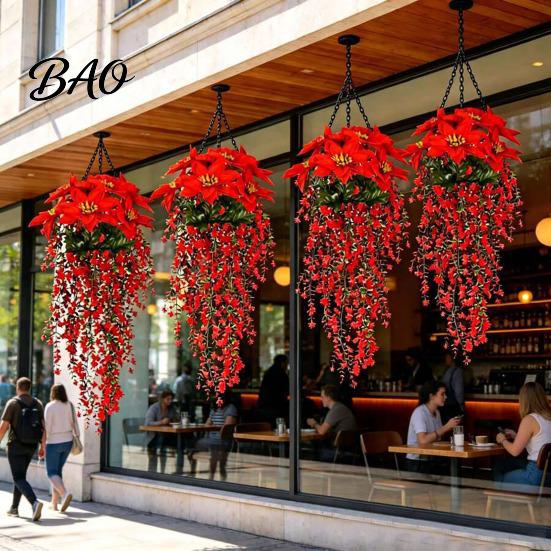 Artificial Floral Arrangement Christmas Poinsettia Hanging Garland, Silk Flowers with Red Berries DIY Ornament And Greenery, 85cm Outdoor Holiday