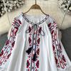 Summer Vintage Women Blouse Embroidered Puff Sleeve Color Block Ethnic Style Camisa Feminina Casual Tops