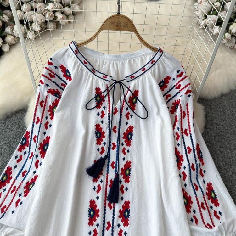 Summer Vintage Women Blouse Embroidered Puff Sleeve Color Block Ethnic Style Camisa Feminina Casual Tops