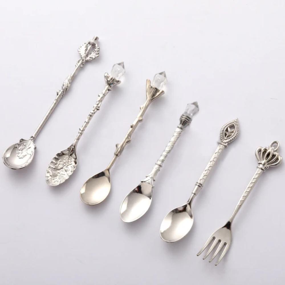 Mini Royal Style Cutlery Set 6pcs Spoons Fork Vintage Carved Dessert Spoons Kitchen Tableware Dinnerware Set