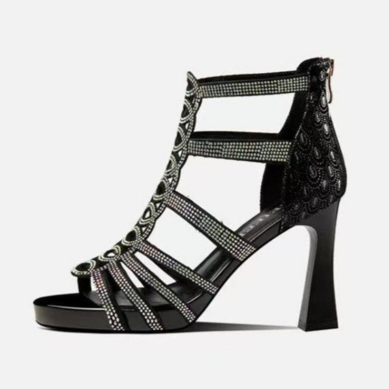 Летние туфли на высоком каблуке, новинка, круглый носок, открытый носок, хрустальная сумка, задняя молния, водонепроницаемая платформа, противоскользящие, износостойкие сандалии