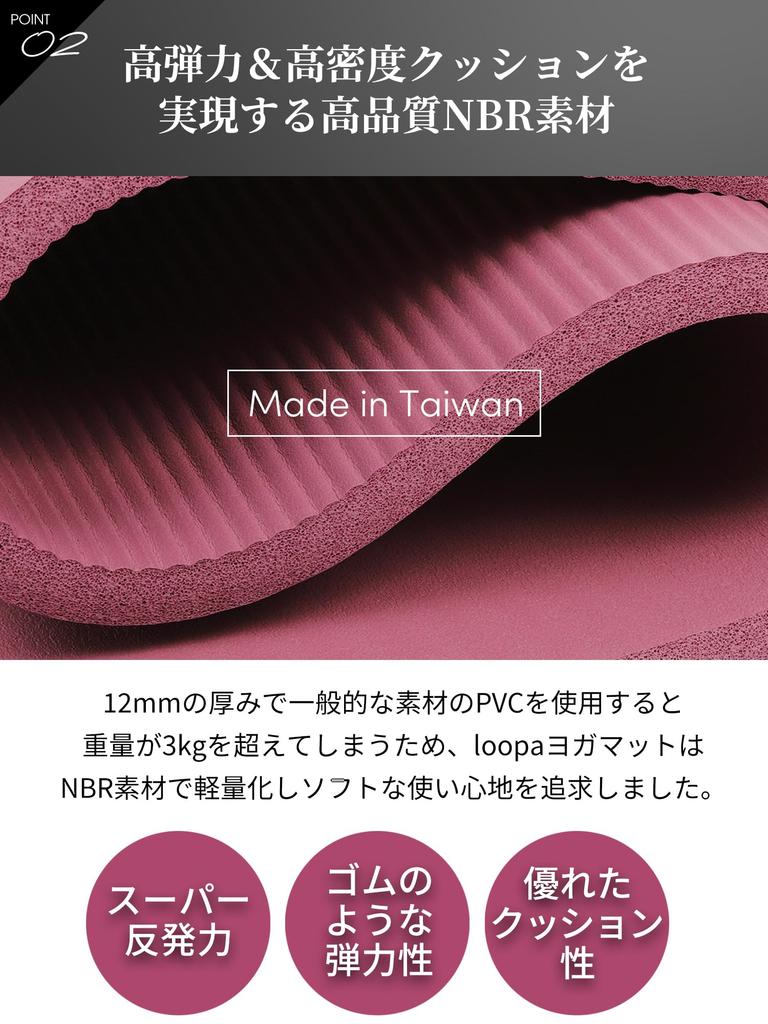 Loopa Fitness Yoga Pilates 12mm Training Mat for Strength and Solid Color No Logo Mat, Training, Exercise, Stretching, Thick, Large, Wide, NBR, /