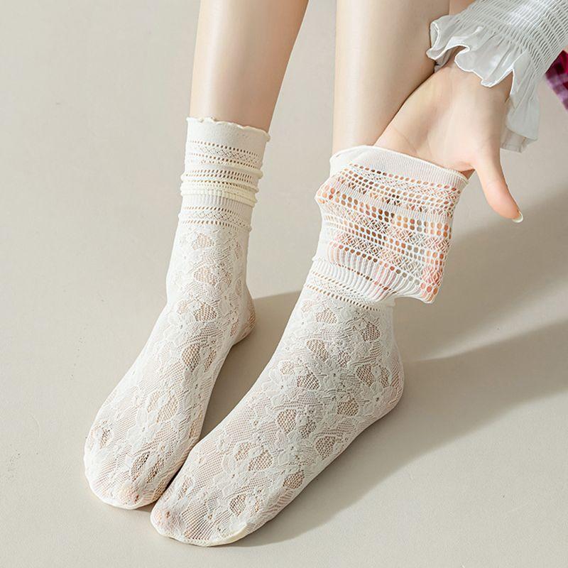 Socks Woman Summer Hollow Lace Bowknot Lolita Solid Color Socks Middle Tube Thin Casual White Sweet Girls Stockings
