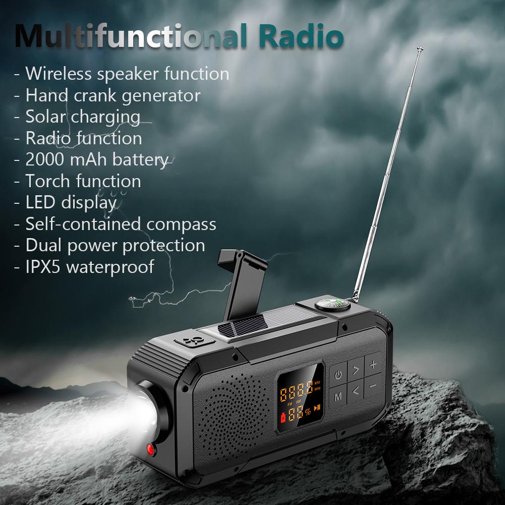 Emergency Hand Crank Radio Solar Radio with BT Flashlight SOS Compass AM/FM/WB/NOAA Weather Radio for Indoor Outdoor Emergencies