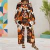 Women Plus Size Round Neck Long Sleeve Pumpkin Bee Floral Printed Top Wide Leg Cropped Pants Two Piece Set