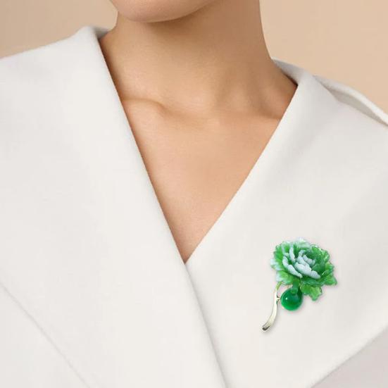 Брошь-булавка Зеленый пион Смола Не ржавеющая брошь Реалистичный вид Лацкан пиджака Значок для платья Ювелирный аксессуар