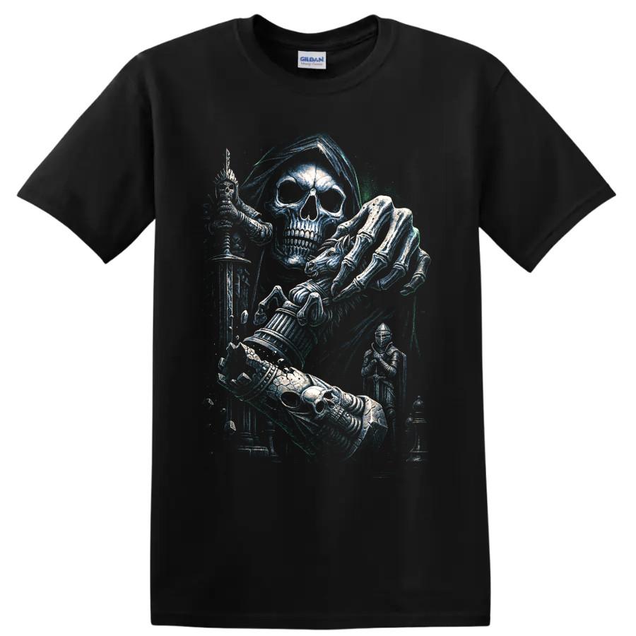 Skull Knight T Shirt w/ Sword Gothic Medieval Skeleton Armor Graphic Art Tee