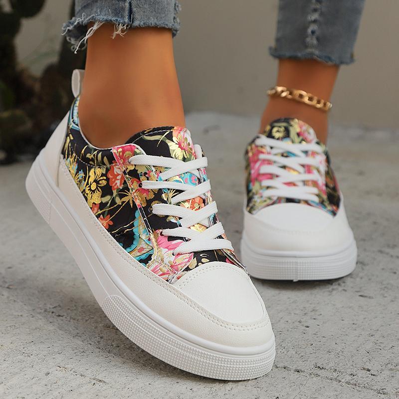fashion Pu Leather Printed Flat Sneakers for Women 2024 Plus Size Fashion Lightweight Walking Shoes Woman Lace Up Non Slip Casual Shoes