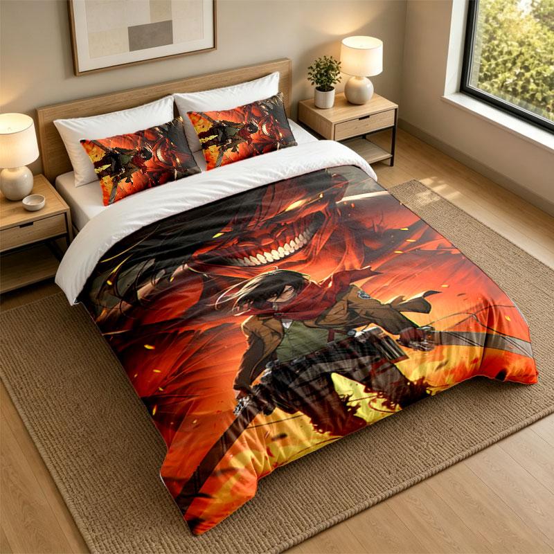 3Pcs Bedding SetAttack on Titan Soft Bed Sheet and Two Pillowcases Home Bedroom Decor