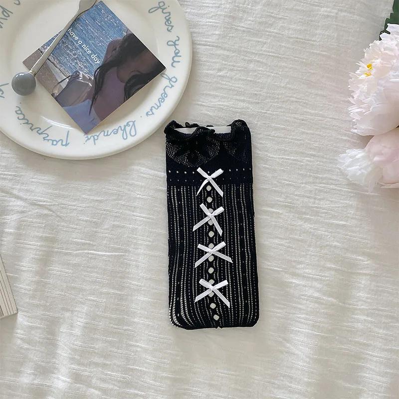 Сетчатые чулки Lolita Kawaii кружевные носки с оборками ажурные гольфы милые бантики JK Sweet Girls длинные носки женские чулки