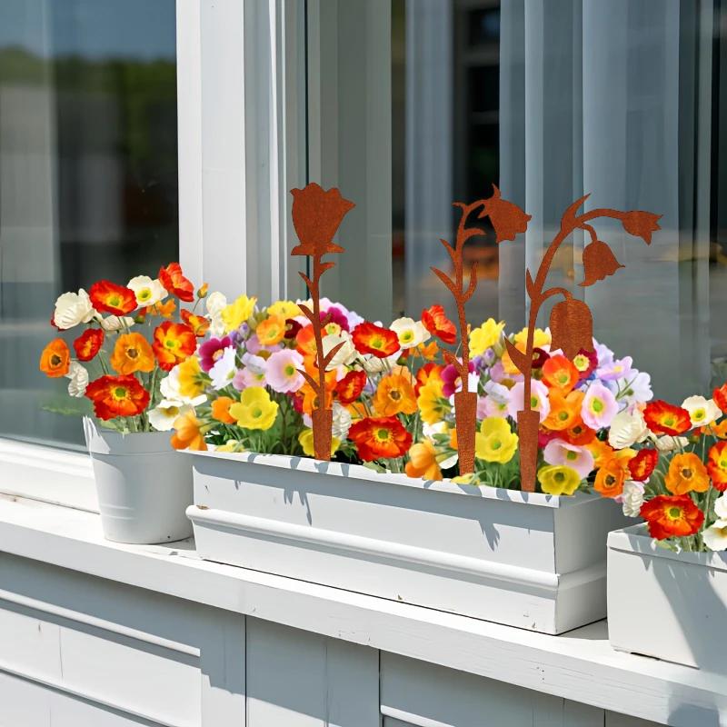 3pcs/set Metal Flower Stakes Rustic Rusty Bell Orchid For Yard Lawn Patio Iron Crafts Creative SL