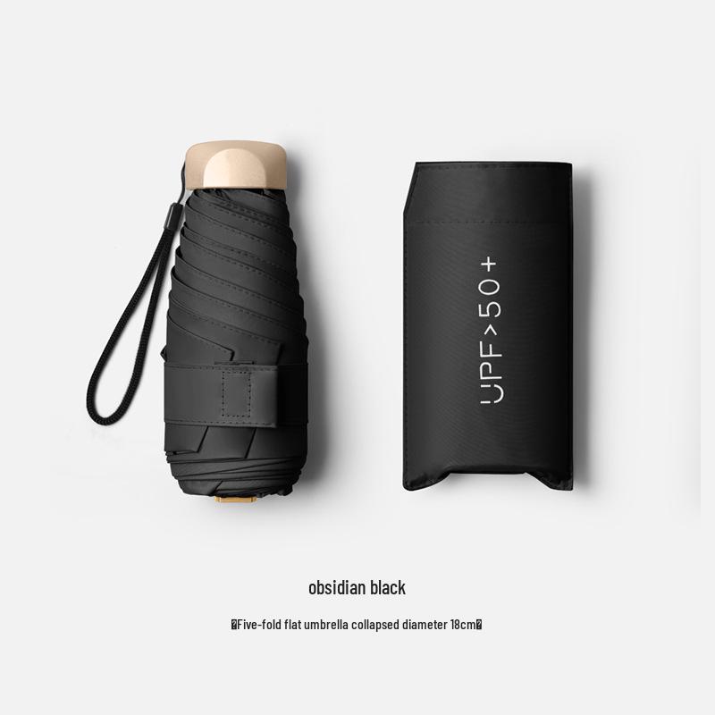 Compact Women's Five-Fold Sunshade Umbrella - Black Glue, UV Protection, for Sunny and Rainy Days, Customizable for Advertising