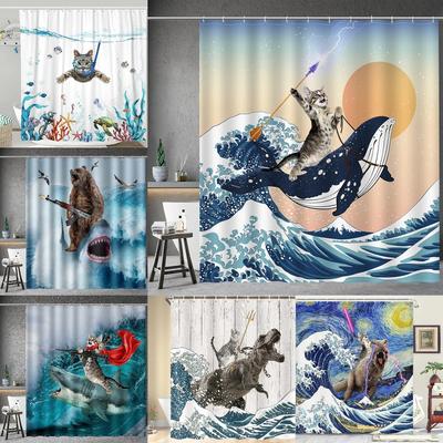 Бескаркасная Забавная шторка для душа с котом, кит, крутой кот верхом на динозавре, дайвинг, рыбалка, волны, милая, для детей, рыба, коралл, прибрежный декор для ванной