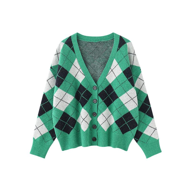 Винтажный клетчатый свитер, кардиганы, женская одежда, осень-зима 2023, однобортный однобортный корейский модный топ с длинными рукавами, C-064