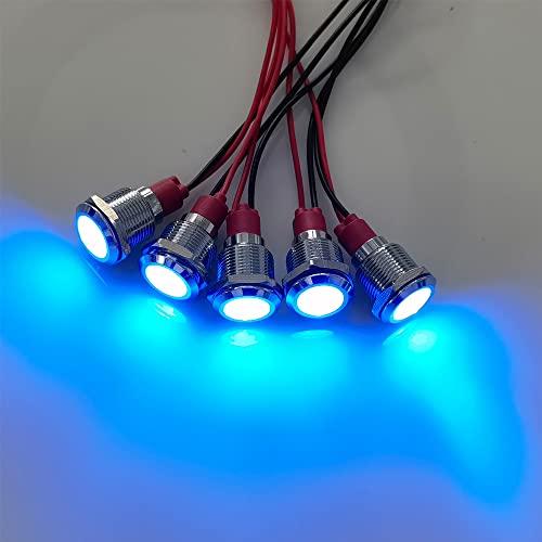 KILIGEN 5pcs 12mm AC/DC 12-24V LED Metal Indicator Lights Waterproof Signal Lamp Pilot Dash Directional with Wire (Blue)