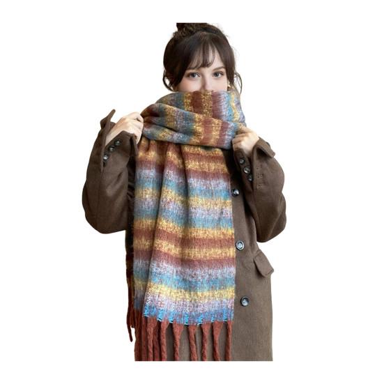 Women Scarf Plaid Pattern Cashmere Feel Plush Scarf with Tassel Decoration Travel Sweater Coat Accessory