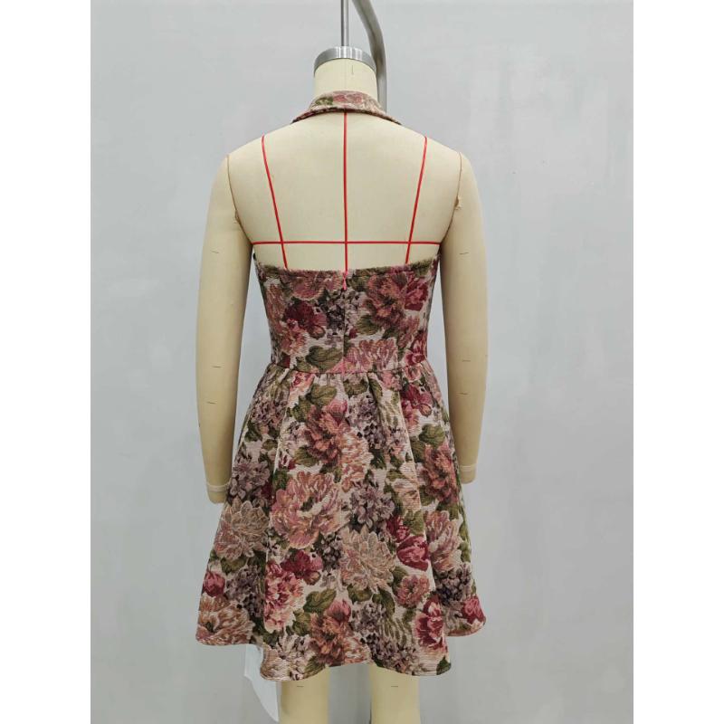 Women Halter Square Neck Floral Jacquard Mini Dress Backless High Waist Flared Skirt Elegant Slim Fit Summer Party Club Cocktail Short Sundress