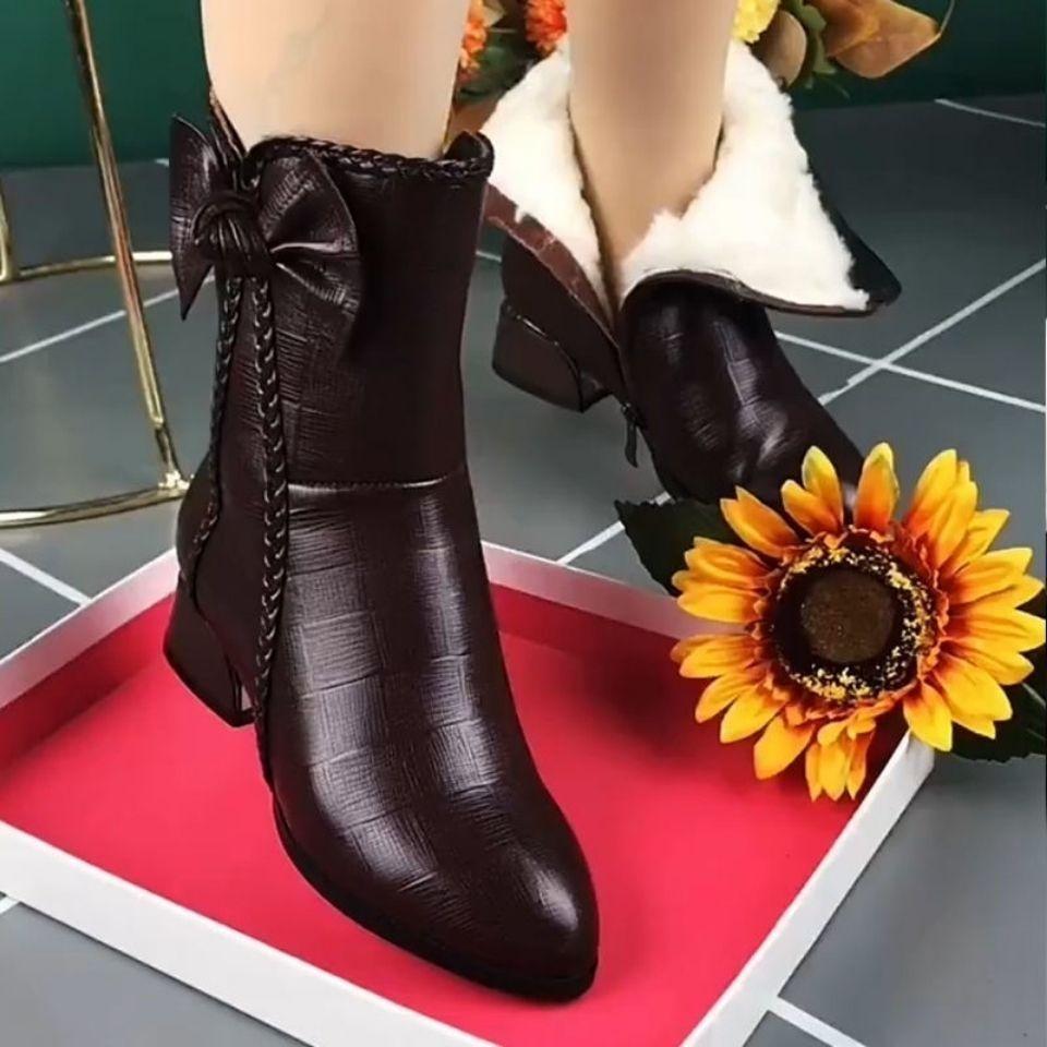 Winter Women's Ankle Boots  Waterproof Cover with Chunky Heel & Pointed Toe Side Zipper Closure