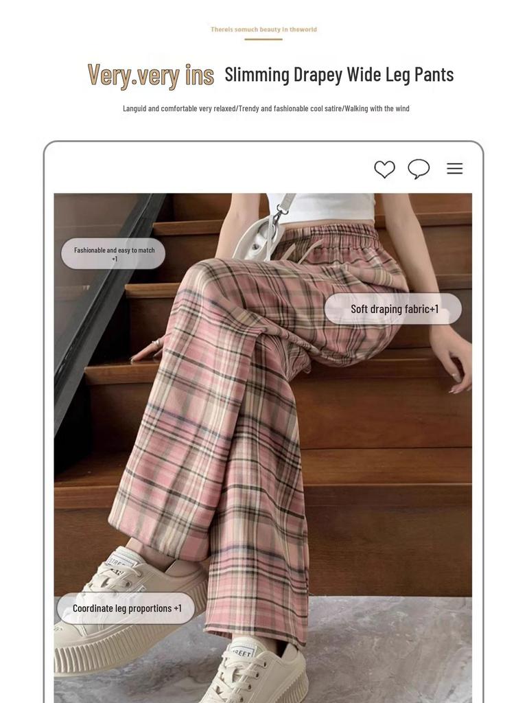 Pink Plaid Wide-Leg Pants for Petite Pear-Shaped Women - Slim Fit, Loose Straight-Leg, Floor-Length for Spring/Autumn