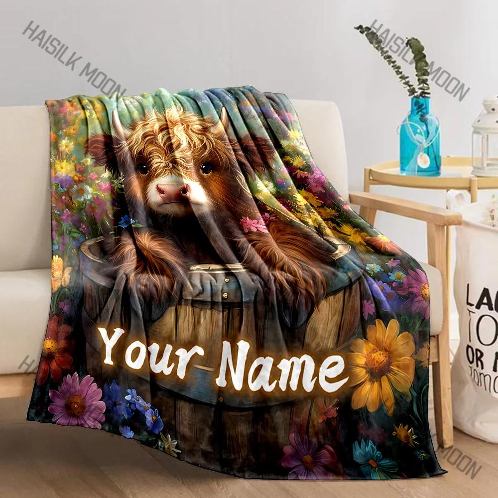 Floral Highland Cattle Printed Blanket Can Be Custom with Name, Soft and Warm, Suitable for Home, Office, Camping and Girls Gift