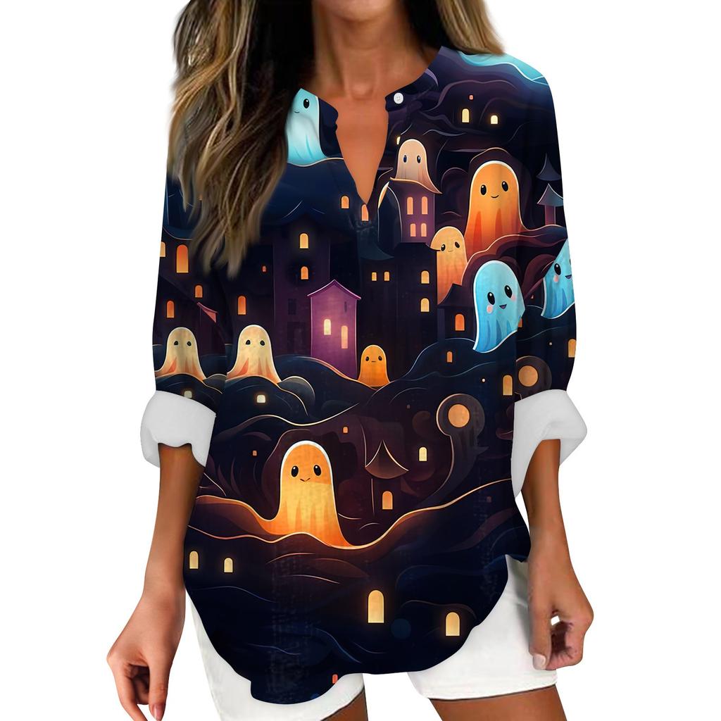 Женские модные повседневные женские топы с v-образным вырезом и длинным рукавом с принтом на Хэллоуин