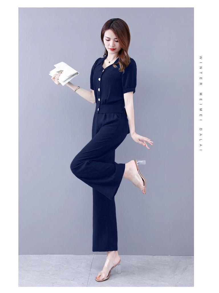 Модный женский летний шифоновый костюм-двойка 2025 - стильный омолаживающий комплект из рубашки и брюк для весны