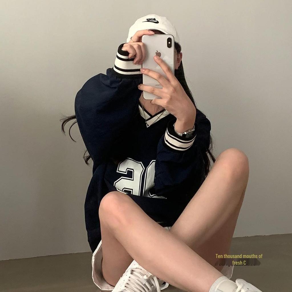 Темно-синий свитшот для бейсбольной девушки с V-образным вырезом и цветными блоками - Повседневный свободный крой, Тонкий с длинным рукавом