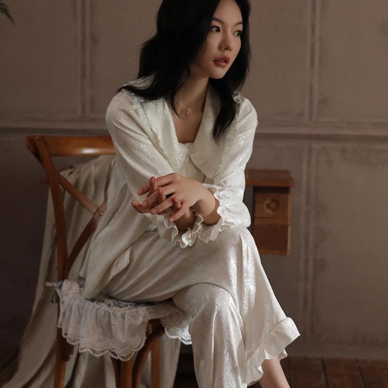 Elegant Jacquard Flower Women's Pajamas Set Satin Two Pieces Loungewear Casual Ruffle Collar Sleepwear Princess Style Pyjamas