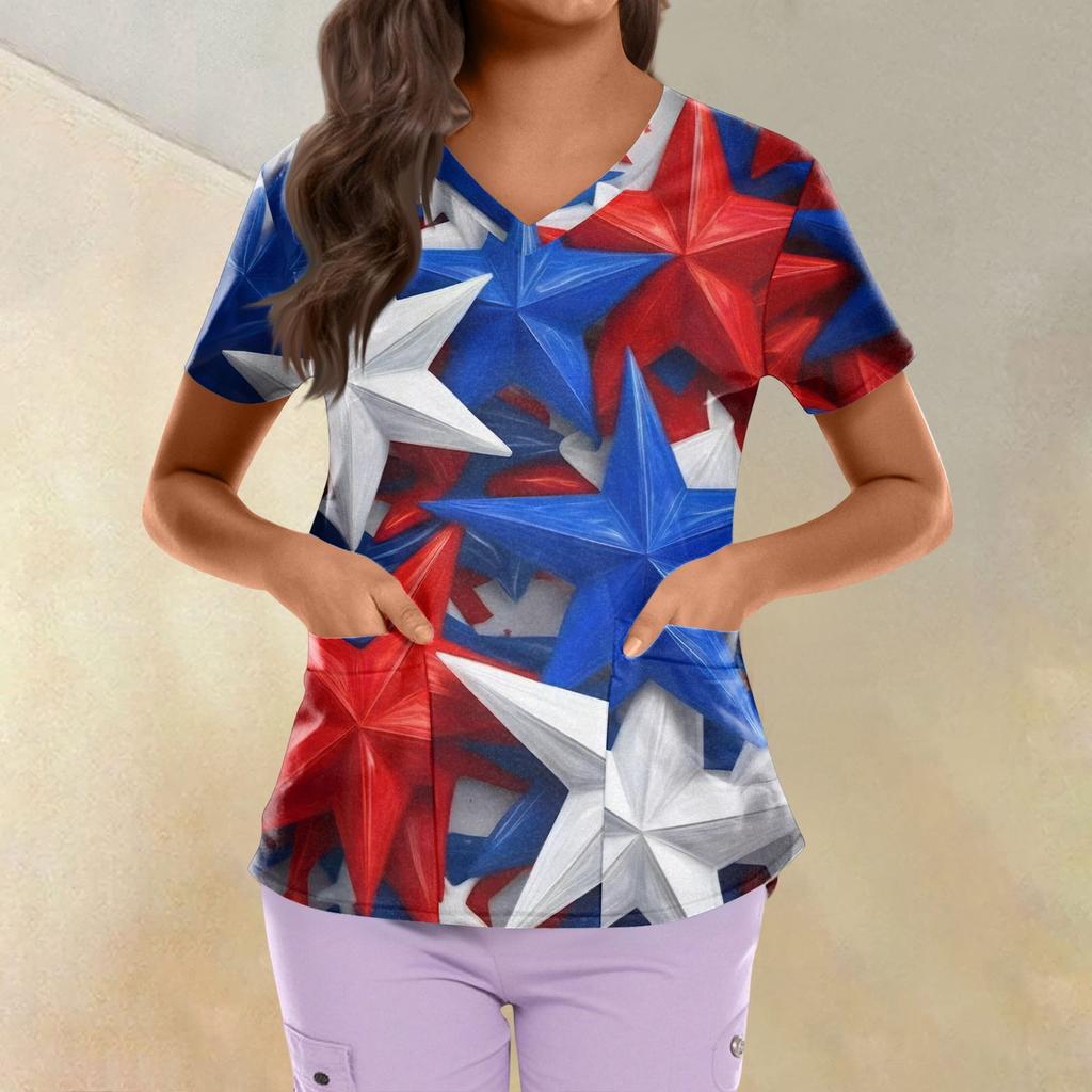 Plus Size Printed Scrub Working Uniform Tops For Women's Cross V Neck Independence Day Print Short Sleeve Fun T-Shirts Workwear Tee With Pockets