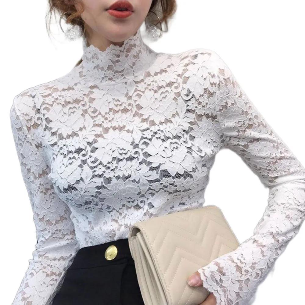 Hollow Lace Bottoming Shirt Slim Fit Long Short-sleeved T-shirt Women's Top Half Turtleneck Slim Fit