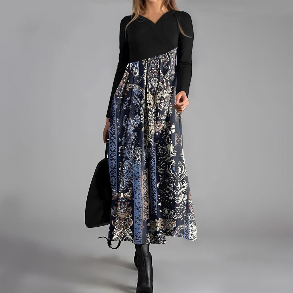 Women's Casual Fashion V-neck Long Sleeve Dress Flower Print Waist Pocket Swing Dress