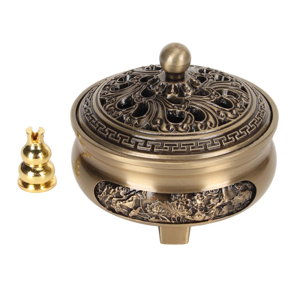 Coil Incense Burner with Lid Antique Beautifully Carved Electroplating Zinc Alloy Incense Burner